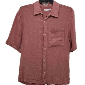 Zara Men's L 100% Linen Button Up Short Sleeve Shirt Light Muted Red
